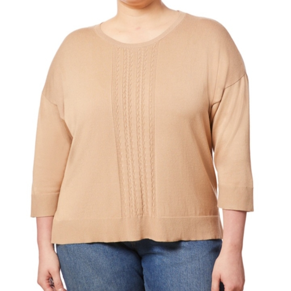Melissa Paige Tan Crew Neck Sweater with Cable Knit Detail